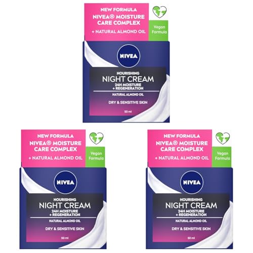 NIVEA Nourishing Night Cream 50ml | With Almond Oil, Shea Butter & Provitamin B5 | Nourishing Face Moisturiser | For Dry & Sensitive Skin | 24-Hour Intensive Moisture | Lightweight Formula (Pack of 3)