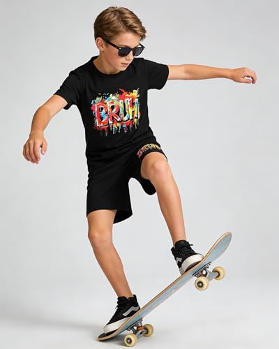 Image of Cakaner Tween Boys Summer Clothes 2 Piece Short Sleeve Graphic T-Shirt and Shorts Casual Outfit Set Size 7-14