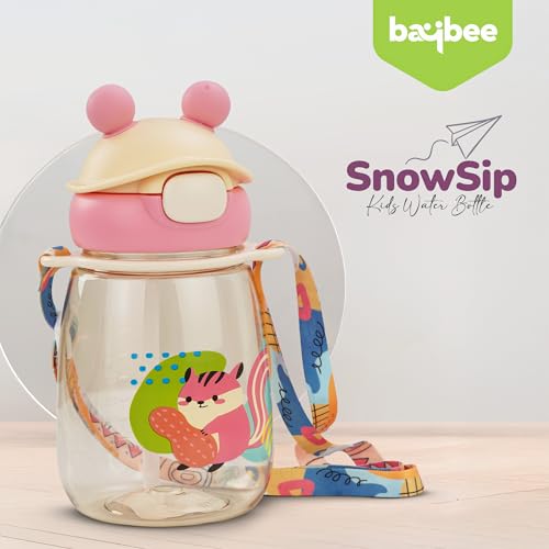 Image of BAYBEE SnowSip Baby Sipper Bottle with Straw for Kids | Spill Proof & BPA Free Safe Sipper 540ml | Cute Cartoon Design Smooth Sipping & Adjustable Strap | Drinking Water Bottle for School Kids (Pink)