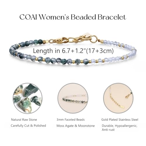 COAI Moss Agate Moonstone Bracelet for Women, Adjustable Gold Plated Stainless Steel Crystal Bracelet for Women 3mm3