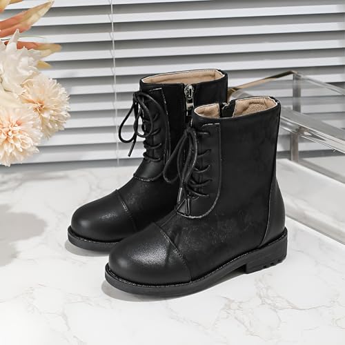rismart Girl Mid Calf Motorcycle Boots Kid Riding Lace up Winter Shoes3