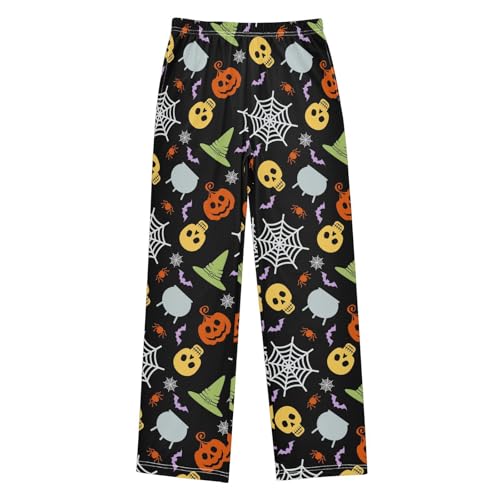 Halloween Pumpkin Skull Bat Boys Long Pants Soft Trousers Elastic Waist Kids Lounge Bottoms with Pockets S-XL