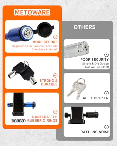 METOWARE Trailer Hitch Lock, Tailer Receiver Lock Fits Class III/IV, 2\", 2-1/2\" Hitch Receiver with 5/8\" Dia Pin and 8 Rattle Rubber O-Rings, for Trailer, Truck, Car, Boat (Blue)