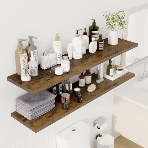 Image of Dreamland 55 inch Floating Shelves for Wall, 12 inch Deep Slim Rustic Brown Floating Shelves, Wall-Mounted Shelves for Bedroom, Living Room, Kitchen, Bathroom - Set of 2