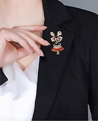 Rhinestone Lady Rabbit Brooch Pin for Women Girls Fashion Gold Plated Crystal Bunny Animal Brooches Lapel Pins Dainty Cute Graduation Honors Easter Jewelry Gift for Daughter Teacher Students (Red)