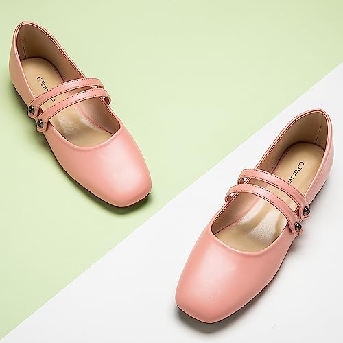 C.Paravano Women's Flats | Leather Mary Jane Flats | Comfort Square Toe Walking Shoes | Casual Dress Shoes for Casual Work & Wedding (Size 7.5,Pink)2
