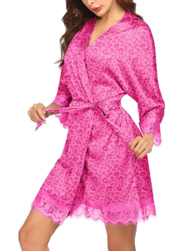 Image of Ekouaer Womens Silk Robes Short Lace Trim Satin Bride Bathrobe with Pockets