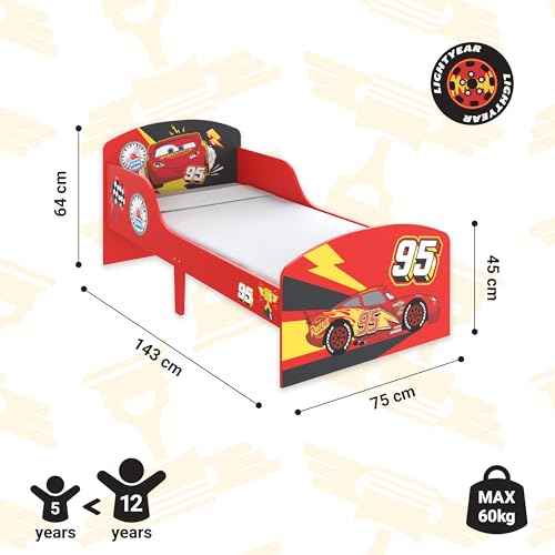 Disney Cars Lightning Mcqueen Toddler Bed: Sturdy Engineered Wood Construction, Guarded Sides, Wooden Slats, Fits 140cm x 70cm Mattress (Mattress not included) Disney Cars Lightning Mcqueen Toddler Bed: Sturdy Engineered Wood Construction, Guarded Sides, Wooden Slats, Fits 140cm x 70cm Mattress (Mattress not included)