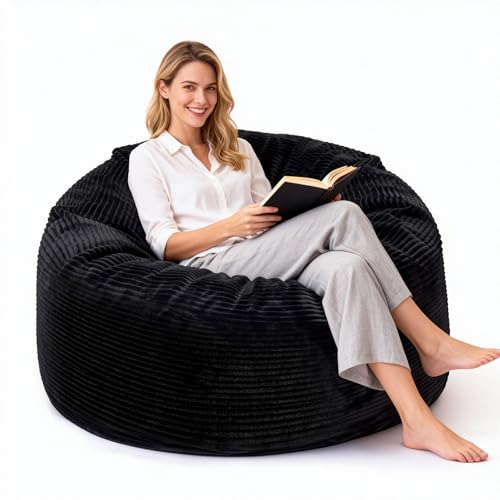 Yagamo Medium Bean Bag Chairs, 3FT Bean Bag with Memory Foam Filling, Bean Bag Chairs with Removable Striped Plush Cover, Cozy Beanbags for Living Room Bedroom Dorm Office - Black