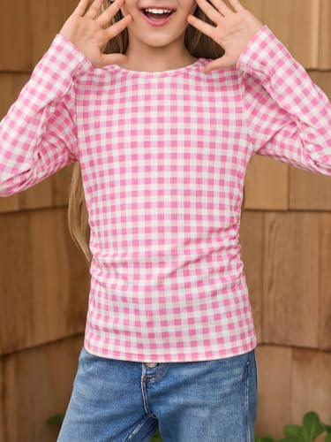 Image of Haloumoning Girls Long Sleeve Shirts Crewneck Ruched Side Slim Fit Tops Ribbed Knit Casual Tee Shirt 4-15 Years