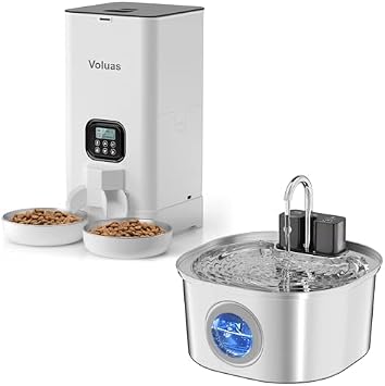 Voluas Automatic Cat Feeder for Two Cats + Voluas Stainless Steel Cat Water Fountain