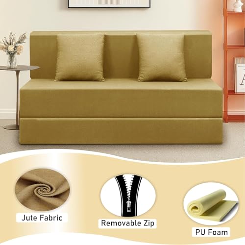 Image of Easy Foldable Two Person Sofa Cum Bed Jute Fabric- Washable Cover- Including Two Cushion- Size 4' X 6' Ft (Golden Color) Perfect for Home & Office for Guests