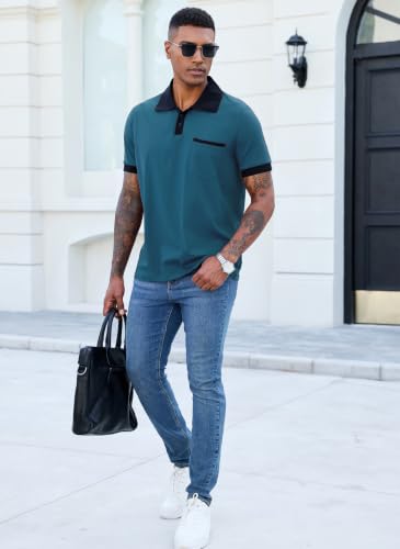 Image of Men's Casual Polo Shirts Summer Short Sleeve Contrast Collar Buttoned Tee Polo Shirt with Pocket