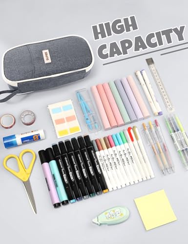 Image of SUNEE Cute Pencil Case, Aesthetic Pen Pouch, Colored Large Pencil Bag with Zipper, Kawaii Stationery Storage and Organizer, School Supplies for Teen and Adult Girls, Gray