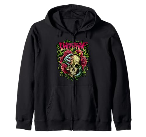 Image of Funny Bullet My Valentine Skull Roses and Red Blood Horror Zip Hoodie