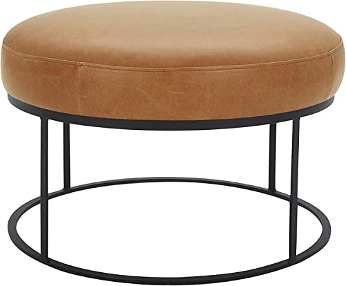 Amazon Brand – Rivet Revere Round Leather Iron-Framed Ottoman, 30.3"W, Cognac #TOP3