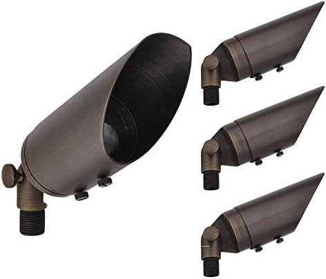 MarsLG BRS1 ETL-Listed Solid Brass Low Voltage Landscape Directional Spot Up Light in Antique Brass Finish with Adjustable Glare Guard, Ground Spike and Free MR16 LED Bulb (4-Pack), 36UL01BSx4
