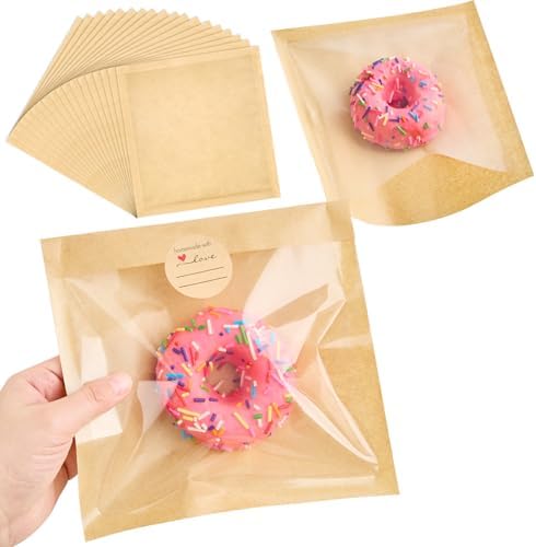 100 Pack Heat Sealable Bakery Bags with Window, 7.1 x 7.5 Inch To Go Donut Bags Paper Cookie Packaging Sleeves for Bagel, Donut, Cake Slice, Pastry, Sandwich