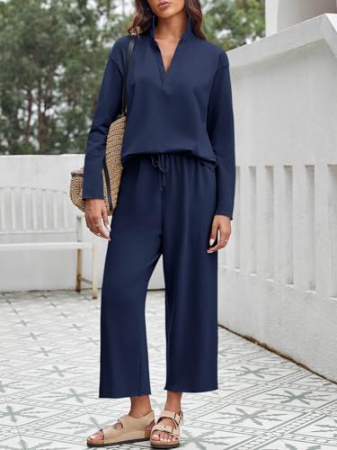 Imily Bela Womens 2 Piece Outfits Sweatsuit Long Sleeve Lapel V Neck Shirt and Wide Leg Pants 2025 Fall Trendy Tracksuit4