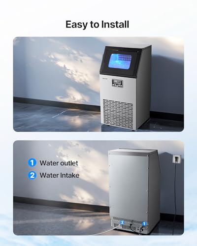 Image of VEVOR Commercial Ice Maker Machine, 100 lbs /24h with 28Lbs Storage, 45 Cubes per Cycle, Stainless Steel Freestanding & Under Counter Ice Maker with LED Display & Self-Cleaning, for Home Bar Restaurant