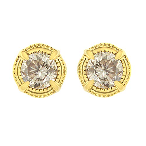 14K Yellow Gold Plated .925 Sterling Silver 1/3 Cttw Round Brilliant Cut Diamond Solitaire Milgrain Stud Earrings (K-L Color, I2-I3 Clarity)