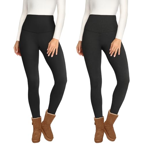 2 Pack Fleece Lined Leggings for Women - Thermal Winter Warm Tights Tummy Control High Waisted Workout Yoga Pants No Pockets Large-X-Large Fleece Lined Black/Dark Grey-heather,2packs