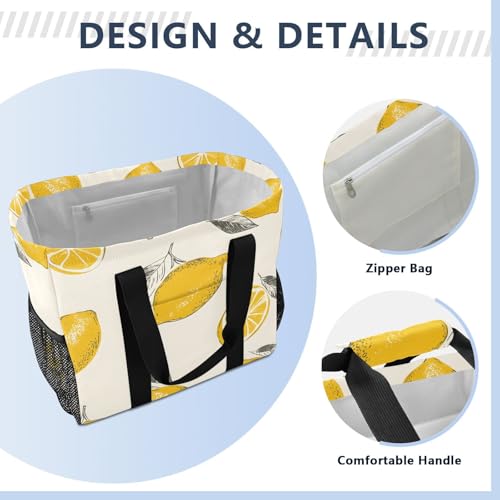 Large Waterproof Travel Tote Bag for Women Men, Lemon Fruit Pattern Canvas Beach Bag with Lining & Pockets - Reusable Grocery/Laundry/Kitchen/Pool/Picnic Tote (15.4x9.8x12.8in)4