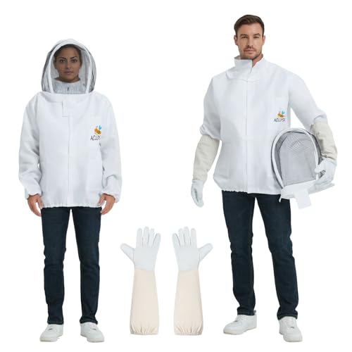 ACLUYSKA bee keeper jacket- bee suits for sting proof for Men Women bee hat and veil- Professional Bee Jacket with Beekeeping sheepskin Gloves(L)
