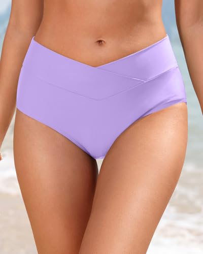 Image of Women V Cut Full Coverage Bikini Bottom - High Waist Swim Bathing Suit Bottoms Cross V Front Swimsuit