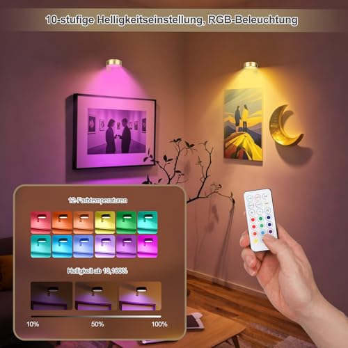 Bilderleuchte Kabellos – 3 Stück Batterie LED Wandleuchte für Kunstwerke, Magnetische Bildbeleuchtung Kabellos mit 13 RGB-Farben und Dimmfunktion, Vielseitig einsetzbar auch als Schrankbeleuchtung