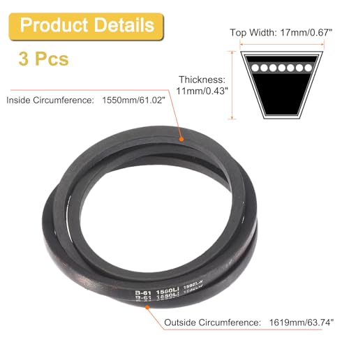 Image of uxcell 3 Pack B61 Classic Wrapped V-Belt, 64 inch Outside Circumference Wrapped Industrial Rubber V-Belt B Profile V-Belt for Industrial Machinery Equipment, Black