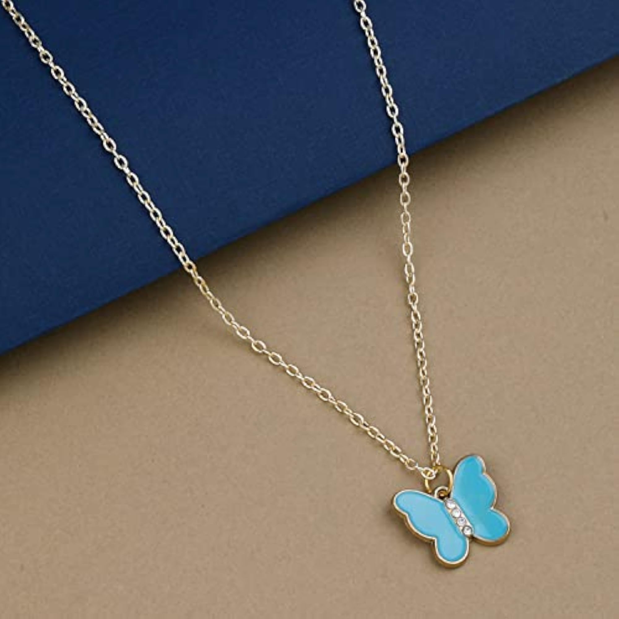 Sky Blue Butterfly Pendant Chain Multi Usage Clover Open Hearts Gold Plated