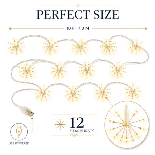 Image of One94Store 12 Starburst Sparkle LED String Lights, USB Powered Warm White Decorative Fairy Lights for Diwali, Christmas, Wedding, Party, Bedroom, Balcony, Patio & Home Decor