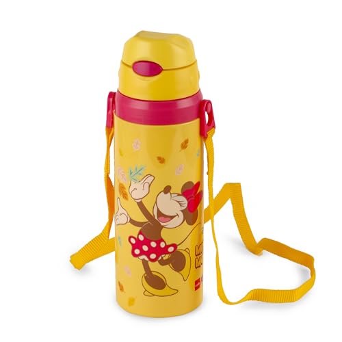 Image of CELLO Kidzbee Autumn 400 Kids Water Bottle | Inner Steel Outer Plastic | Bottle for kids | 3D touch and feel design | Minnie Mouse | Hot & Cold Bottle| Yellow | 400ml