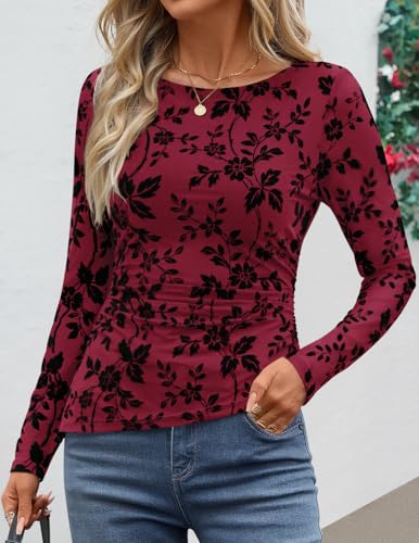 Image of ZESICA Womens Floral Long Sleeve Shirts 2026 Spring Boat Neck Mesh Ruched Tops Fitted Asymmetrical Going Out Blouses