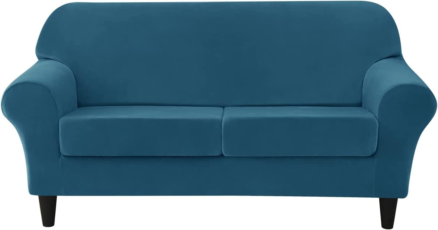 3 Pieces Loveseat Sofa Cover, Sofa Slipcover 2 Seater with 2 Separate Seat Cushion Slipcovers, Furniture Protector Collection Split Set Stretch Velvet (Color : Teal)