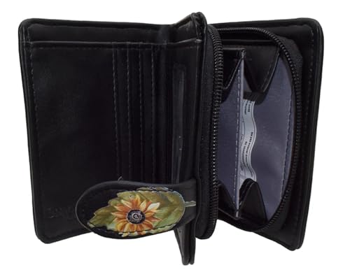 Shag Wear Garden Goat Small Wallet for Women and Teen Girls Whimsical Goat and Sunflower Design Vegan Leather Bifold with Card Slots and Coin Pocket Black 4.5"2