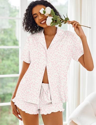 Image of Ekouaer Pajamas Set for Women Short Sleeve Sleepwear Button Down Pjs Lounge Sets Soft Nightwear