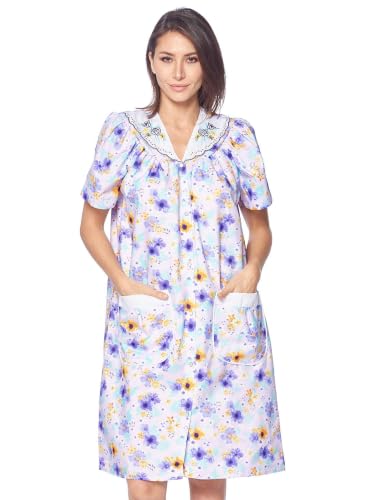 Image of Casual Nights Women's Snap - Front House Dress Short Sleeve Woven Housecoat Duster Lounger Robe with Pockets