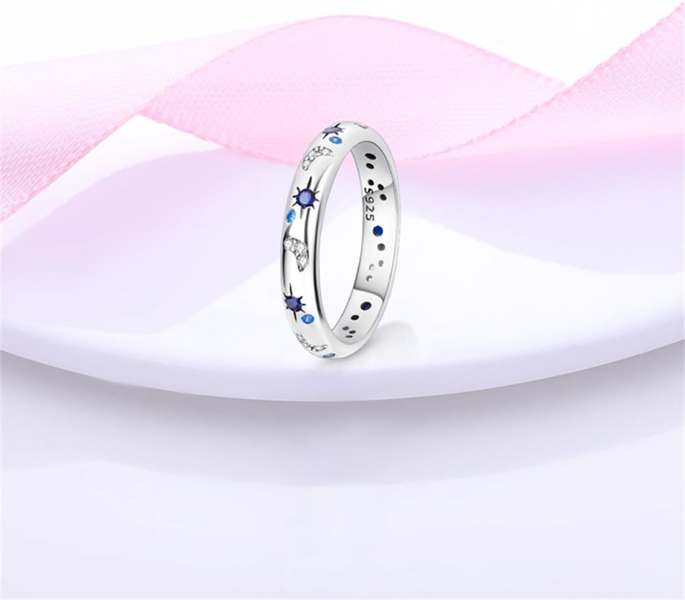 925 Sterling Silver Ring Moon Star Ring as Gifts for Women Colorful Cubic Zirconia Crown Ring Stackable Vintage Set Size 6-9 - Image 4
