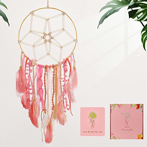 Opohaome Boho Dream Catchers Large Macrame Dream Catcher for Girls Wall Hanging Dreamcatcher with Handmade Feather Bedroom Gift for Women Gift for Girlfriend Boys Mothers Day Mom Gifts（Pink）