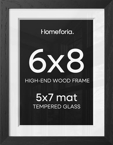 Image of Homeforia 6x8 Black Oak Picture Frame, High-End Wood, 5x7 Mat, Glass | High End Solid Oak Wood, Tempered Glass, Acid-Free 5x7 Removable Mat, 6x8 Edge-to-Edge Display 8x6, Wall Kit, Set Of 2