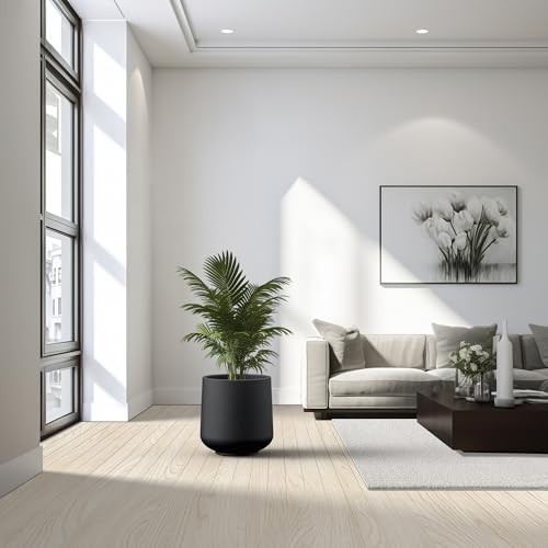 Image of Kante Large Round Curved Black Concrete Planter 16.5 inch Dia, Outdoor | Rubber Plug for Indoor, Drainage for Garden, All-Weather Cement Tree Pot, Handcrafted, Anti-Frost & UV, Modern Home Decor