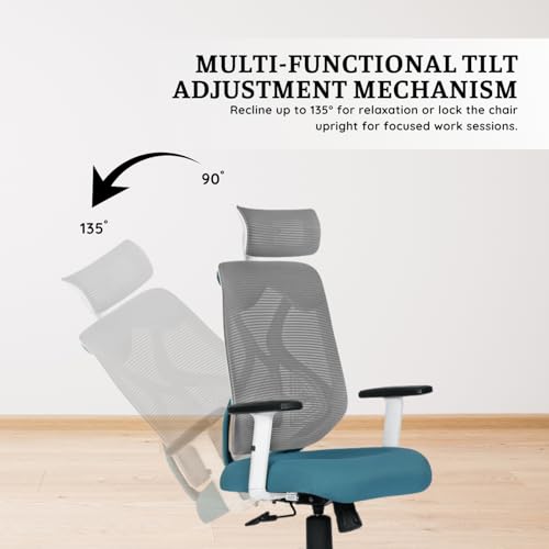 Image of activa Hector Ergonomic Office Chair | Mesh Computer Chair with 2D Armrest | Adjustable Headrest & Lumbar Support | Executive Revolving Desk Chair for Workspace /Desk (White & Teal, High Back)