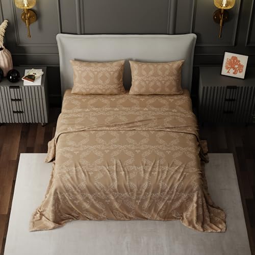Image of BLISSHOME Everlast 150TC King Size Printed Bedsheet with 2 Pillow Covers for Double Bed, Aesthetic Bedding, Wrinkle Resistant, 100+ Wash Durable, Quick Dry, Ornate Design - Beige (228cm x 274cm)