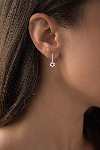 Sterling Silver Rhodium 3.5mm Created Ruby & Created White Sapphire Flower Dangling Huggie Earrings3