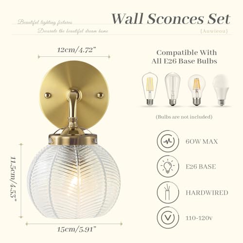 Image of Vintage wall sconces Glass Wall Sconces with Ribbed Clear Globe Glass Shade Gold wall Sconce Modern Vanity Light Bathroom wall sconces Over Mirro Wall lamp for Bedroom Hallway Living Room