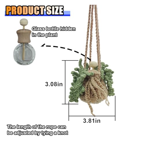 Image of Crochet Hanging Plant Car Pendant - Cute Potted Plant Car Rear View Mirror Charm with 12ml Empty Refillable Glass Bottle - Handmade Knitted Ornament