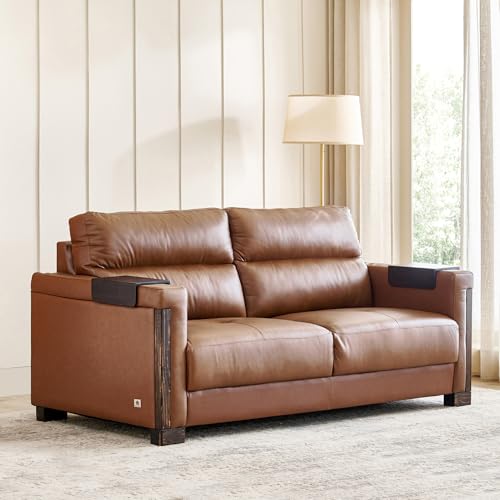 Image of Home Centre | Colmar Half Leather 3-Seater Sofa | Sofa for Living Room | Pine Wood, Solid Wood | Tan | 1 Year Warranty