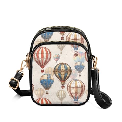 Small Crossbody Phone Bag, Hot Air Balloon PU Leather Cell Phone Purse Wallet, Mandala Folk Art Travel Sling Bag
